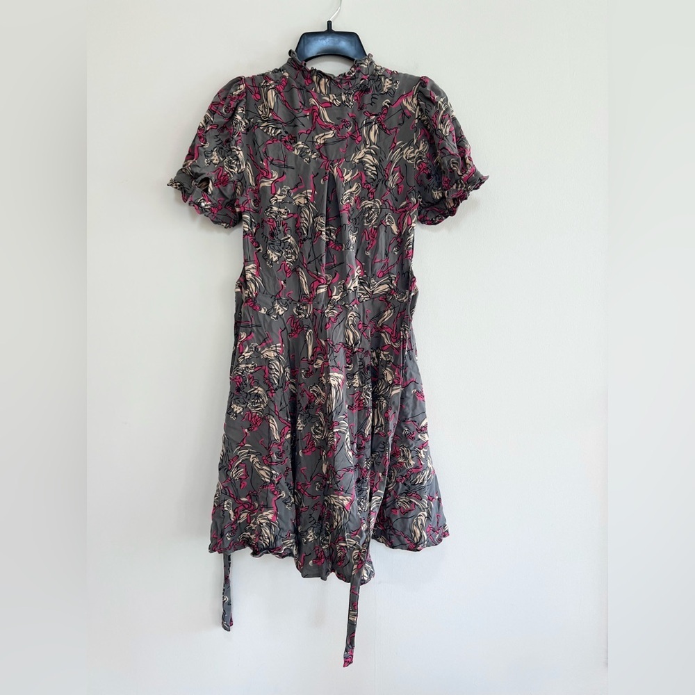 Anthropologie Vtg 2009 Button Front Short Sleeve Silk Dress Belt Pockets Gray, 6 - Picture 3 of 10